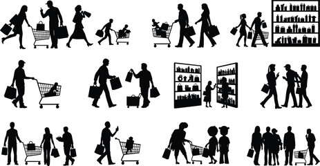 Shopping silhouette vector set, people with carts and bags, supermarket customer icons, retail store illustrations, family shopping graphics