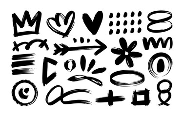 Set of hand drawn doodle icons and design elements Black and white style Vector illustration Isolate