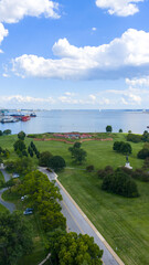 Aerial shot of Fort McHenry National Monument along the Patapsco River in Baltimore Maryland USA