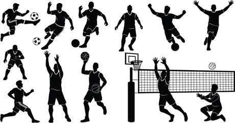 Silhouette athletes playing soccer, basketball, volleyball with net, sports action poses, teamwork, competition, fitness training, dynamic movement, physical activity illustration