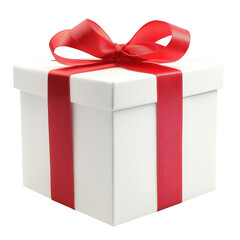 A beautifully wrapped white gift box adorned with a red ribbon and bow. placed on a soft surface. evoking feelings of celebration and anticipation for special occasions