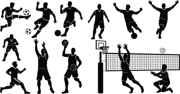 Silhouette athletes playing soccer, basketball, volleyball with net, sports action poses, teamwork, competition, fitness training, dynamic movement, physical activity illustration