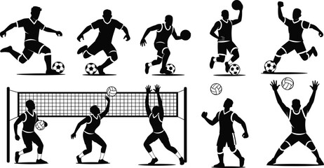 Silhouette athletes playing soccer, basketball, volleyball, sports action poses, teamwork, competition, fitness training, dynamic movement, physical activity, outdoor recreation illustration