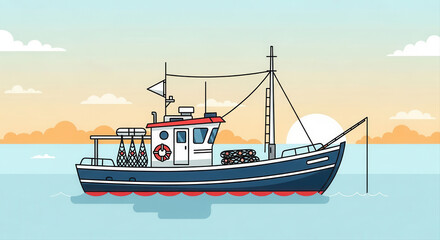 A cartoon fishing boat on the water with a sunset background and birds in the sky above