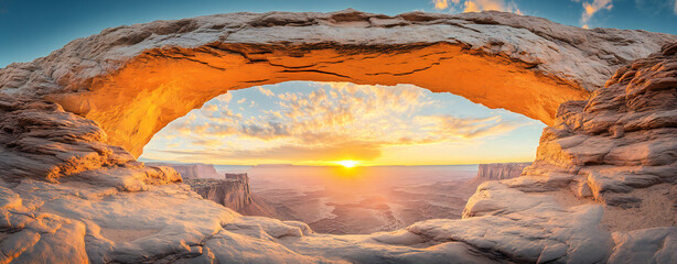 Breathtaking Sunrise Panorama of Mesa Arch in Canyonlands National Park, Utah, USA - Capturing the Golden Hour of Dawn