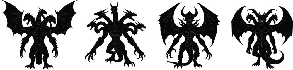 Demonic creature silhouettes, fantasy monster designs with horns, wings, and claws, black vector illustration, horror, mythology, beast forms, dark fantasy