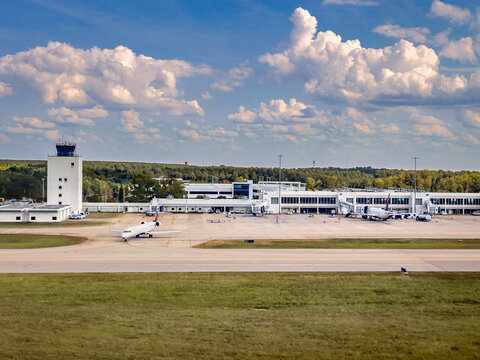 Greenville Spartanburg International Airport terminal exterior with air traffic control tower in South Carolina