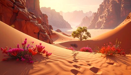 A serene, sun-drenched desert scene with undulating sand dunes, vibrant flora, and rocky cliffs under a soft glow