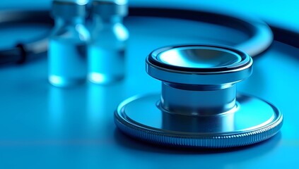 Close Up Medical Stethoscope And Vials On Blue Background