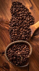 Roasted coffee beans cascade from a wooden spoon onto a wooden surface, spilling into a decorative bowl