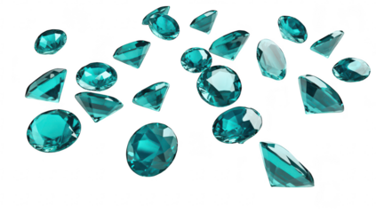 A collection of sparkling teal gemstones scattered on a white surface. their brilliant cuts and reflections. ideal for jewelry design or luxury product promotion