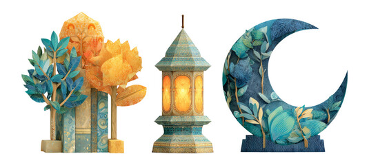 Decorative Elements with Lantern and Moon in Blue and Orange Color Scheme