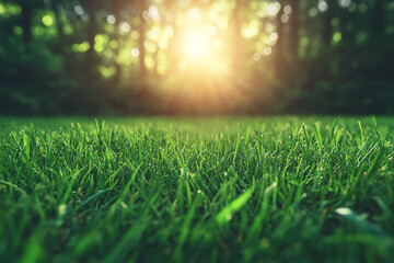 Naklejka premium Surrealistic Summer Forest Scene: Green Grass at Sunset with Macroscale Details and Shallow Depth of Field for a Dreamy, Ethereal Look