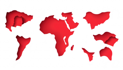 A creatively designed world map cut-out in red. continents and islands with shadows. ideal for educational materials. travel blogs. or geographic presentations
