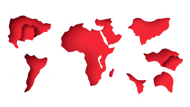 A creatively designed world map cut-out in red. continents and islands with shadows. ideal for educational materials. travel blogs. or geographic presentations