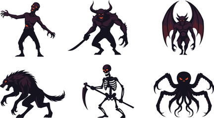 Fantasy monster silhouettes with glowing red eyes, black and white vector artwork, horror, mythical creature, undead, demon, werewolf, skeleton, tentacle beast