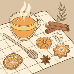 Spiced Tea Vector Illustration: Elegant Honey & Cinnamon Design on Wooden Background