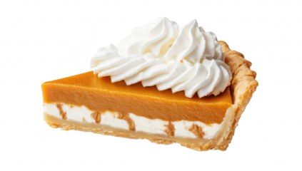 A delicious slice of pumpkin pie topped with fluffy whipped cream. its smooth filling and flaky crust. perfect for autumn celebrations and festive gatherings
