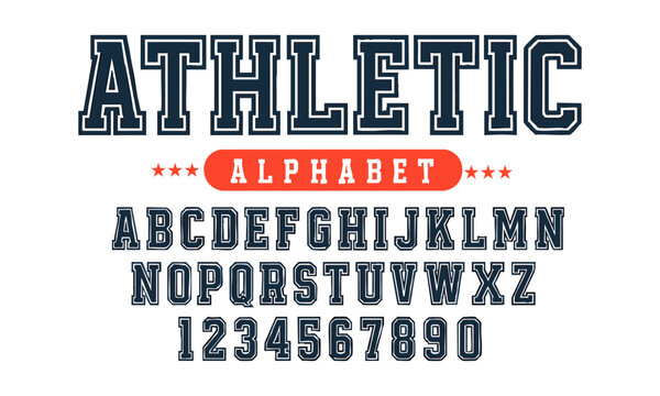 ATHLETIC Varsity Alphabet, Bold Outline Collegiate Font Vector illustration, Vintage sport font in American style for football, baseball, or basketball logos and t-shirts, easily editable.