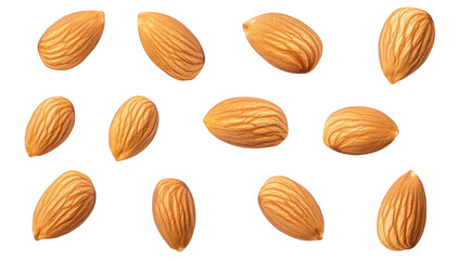 A collection of raw. unprocessed almonds scattered on a clean white background. their natural texture and color. ideal for food photography and healthy eating concepts