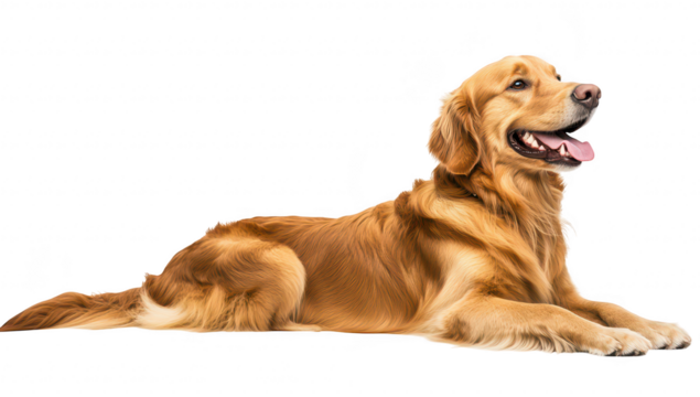A golden retriever lying gracefully on a clean white background. its friendly expression and shiny coat. perfect for pet-related content or advertisements