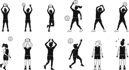 Volleyball silhouette illustration, players in action, serving, spiking, blocking, setting, jumping, sports activity icons, fitness training, competitive game poses
