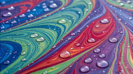 Abstract swirling marble texture in vivid rainbow tones, highlighted with shimmering water droplets for a decorative background.