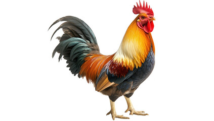 A and colorful rooster stands proudly against a white background. its striking plumage and confident posture. perfect for agricultural or wildlife-themed projects