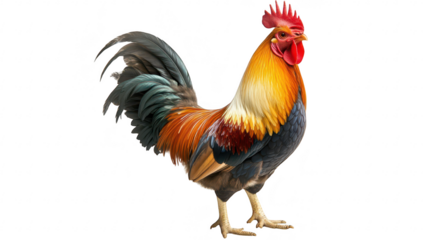 A and colorful rooster stands proudly against a white background. its striking plumage and confident posture. perfect for agricultural or wildlife-themed projects