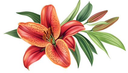 Fototapeta premium A orange lily flower with detailed petals and green leaves. set against a clean white background. ideal for floral-themed designs. nature illustrations. or botanical studies