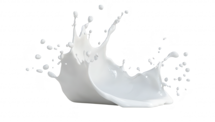 A dynamic splash of white liquid captures the motion of milk being poured into a bowl. with droplets flying through the air against a clean. white background. ideal for culinary or beverage themes