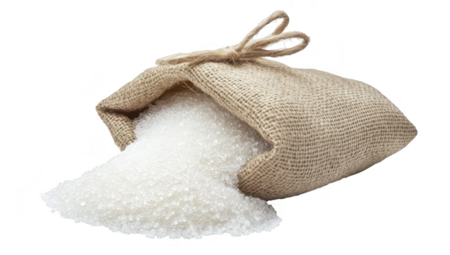A burlap sack spilling white granulated sugar on a clean surface. the texture and shine of the sugar. ideal for culinary uses or food photography