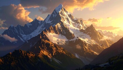 Majestic snow-capped mountain range bathed in the warm golden light of sunrise, showcasing dramatic peaks and rugged slopes under a sky filled with soft clouds