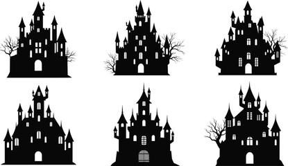 Fototapeta premium Haunted castle silhouettes, spooky building designs with towers and trees, black and white vector illustration, Halloween, gothic architecture, fantasy, eerie mood