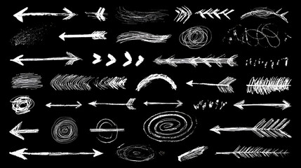 Pencil chalk arrow scribbles collection - doodle pointers, curved lines, round swirls hand drawn. Chaotic artistic strokes, marker design elements set. Sketchy black outline drawings vector pack.