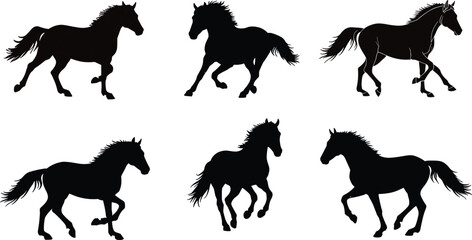 Horse silhouette illustrations in dynamic poses—running, trotting, leaping—black and white vector artwork, animal, motion, nature, strength, elegance, anatomy
