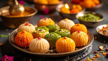 Colorful Indian sweets on a tray