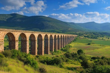 Majestic stone aqueduct spanning a lush green valley under a bright blue sky with scattered clouds