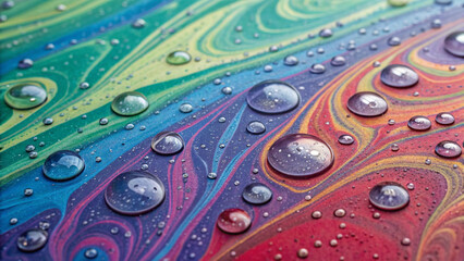 Vibrant marbling artwork featuring flowing rainbow colors with delicate water droplets for a modern and artistic background design.
