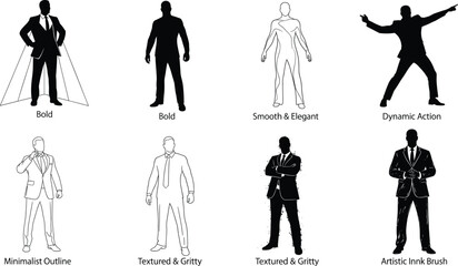 Male figure illustrations in varied artistic styles—bold, elegant, gritty, minimalist, ink brush—black and white vector artwork, character, concept, fashion, expression