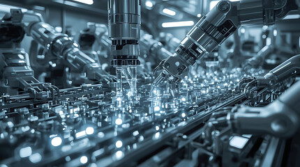Robotic arms precisely assembling microchips, a vision of modern factory automation and the future of manufacturing efficiency and innovation