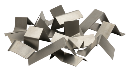 Stack of Bent Metal Brackets on White Background.