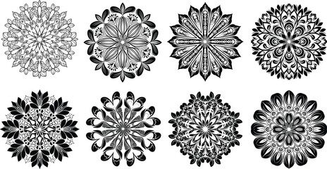 Mandala illustrations with floral, radial, and geometric patterns, black and white vector artwork, symmetry, mindfulness, decorative design, coloring book, spiritual art