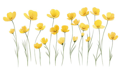 A display of delicate yellow wildflowers swaying gently in a light breeze against a soft white background. perfect for nature-themed projects. greeting cards. or decorative purposes