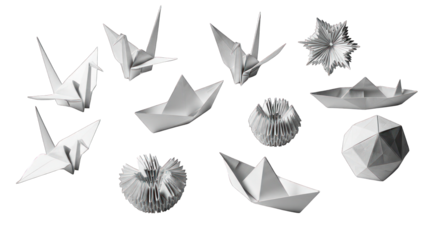 Collection of Origami Paper Art: Cranes Boats Spheres and Stars.
