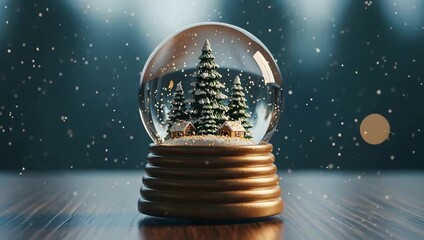 Winter Wonderland Snow Globe: Festive Holiday Scene with Snowflakes, Evergreen Trees, and Cozy Cabins on a Wooden Surface 4K Video - Powered by Adobe