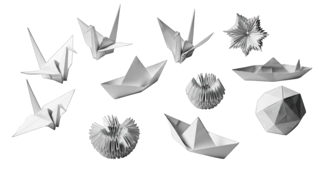Collection of Origami Paper Art: Cranes Boats Spheres and Stars. - Powered by Adobe