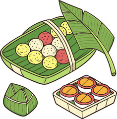Decorative Banana Leaf Platter with Assorted Colorful Food Vector Illustration, Minimal Line Drawing of Traditional Banana Leaf Serving, Hand Drawn Ethnic Food Platter Outline, Cultural Festival Food 
