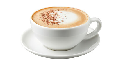 A steaming cup of cappuccino with a sprinkle of cocoa powder on top. placed on a white saucer. against a clean white background. ideal for coffee-related content or menus