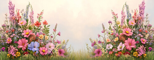 Pastel-Hued Wildflower Meadow Banner with Floral Design, Nature Illustrations, and Whimsical Elements